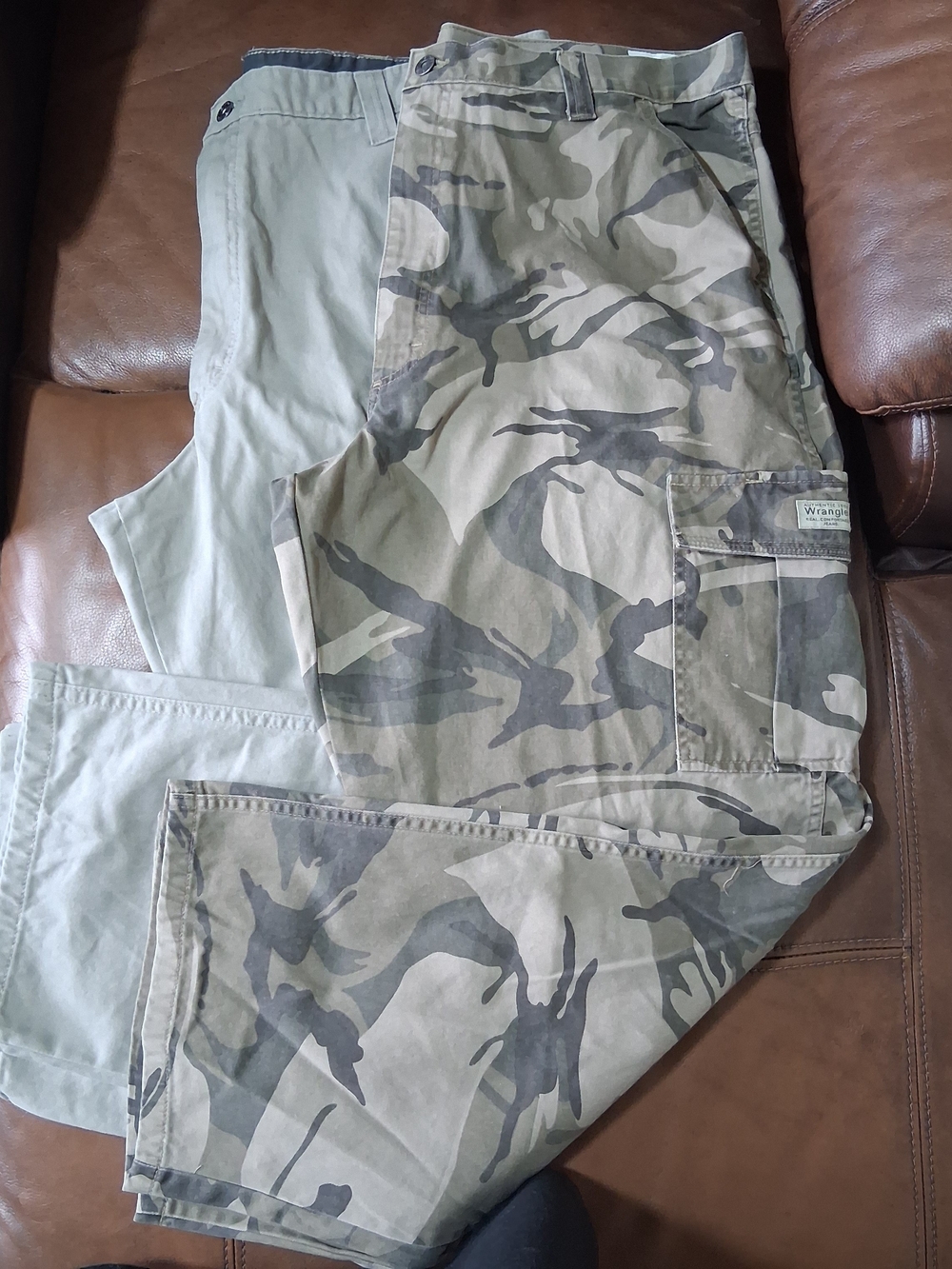 2 Wrangler Cargo Pants 1 Camo Green And 1 Tan Beige 40×30
